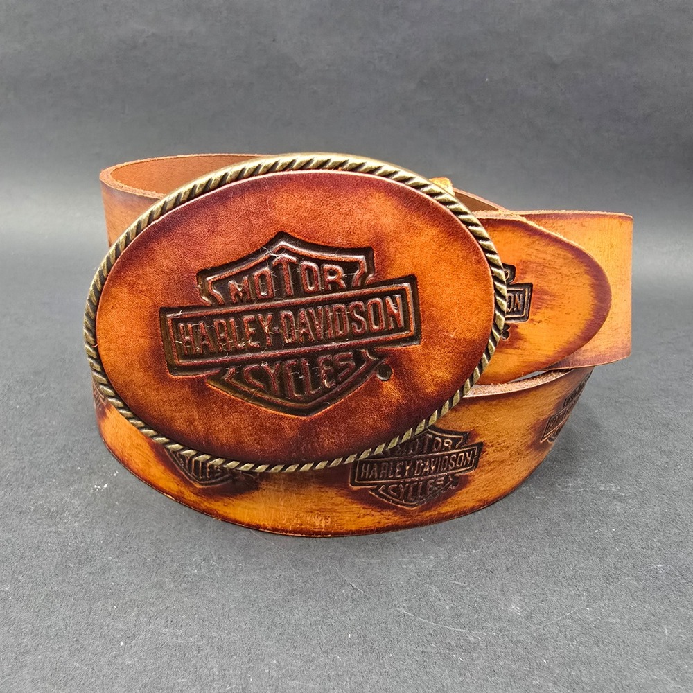 Harley-Davidson Mens Brown Leather Belt 34 Embossed Logo Oval Buckle Made in USA
